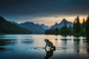 a frog standing in the water at sunset. AI-Generated photo