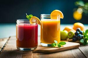 two glasses of juice with fresh fruits. AI-Generated photo