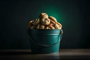 a bucket filled with cookies on a table. AI-Generated photo
