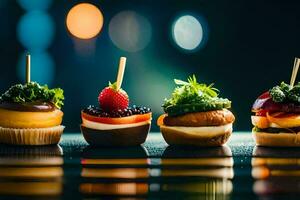 a row of mini desserts on a table. AI-Generated photo