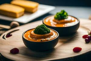 two bowls of soup with broccoli on top. AI-Generated photo