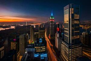 el ciudad horizonte a puesta de sol en nuevo york generado por ai foto