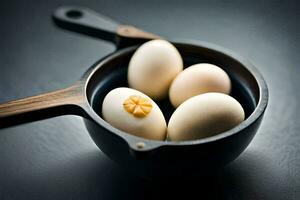 three eggs in a black pan with a wooden spoon. AI-Generated photo