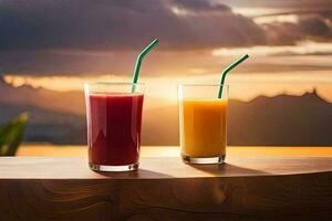 two glasses of juice with a straw on a table. AI-Generated photo