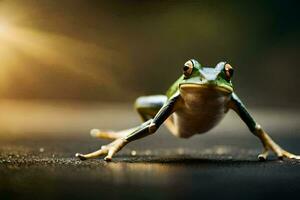 a frog is standing on the ground with its legs spread. AI-Generated photo