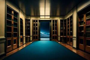 a long hallway with bookshelves and a blue carpet. AI-Generated photo