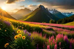 the sun shines over a field of wildflowers and mountains. AI-Generated photo