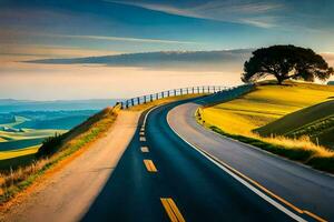 un largo la carretera con un árbol en el lado. generado por ai foto