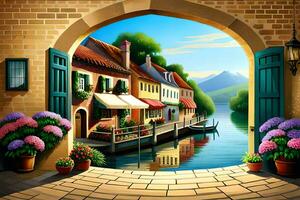 an illustration of a canal with flowers and houses. AI-Generated photo