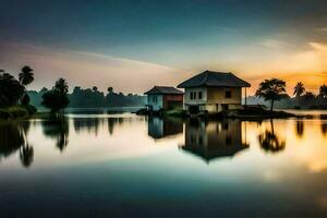 a house on the water at sunset. AI-Generated photo