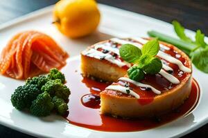 a dessert on a plate with broccoli and salmon. AI-Generated photo