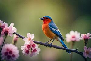 a blue and orange bird sits on a branch with pink flowers. AI-Generated photo