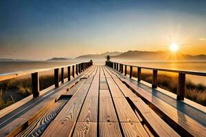 a wooden bridge leads to the sun rising over the water. AI-Generated photo