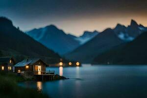 un cabina se sienta en el apuntalar de un lago a oscuridad. generado por ai foto