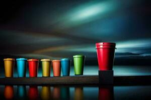 colorful cups lined up on a wooden board with a dark sky in the background. AI-Generated photo