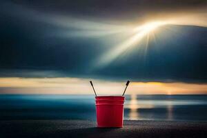 a red bucket with two sticks on the beach. AI-Generated photo