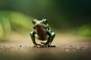 a frog is standing on the ground with its eyes open. AI-Generated photo