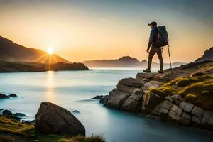 a man with a backpack stands on a rock overlooking the ocean at sunset. AI-Generated photo