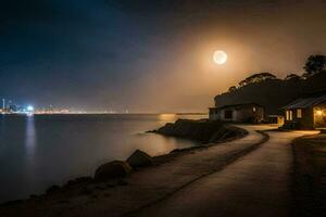 un de luna noche ver de un ciudad y el océano. generado por ai foto