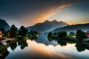 un río carreras mediante un pueblo a puesta de sol. generado por ai foto