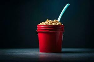 a spoonful of peanuts in a red cup. AI-Generated photo