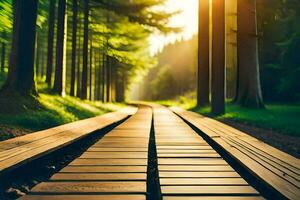 a wooden path in the forest with the sun shining. AI-Generated photo