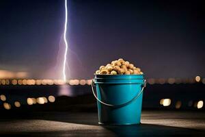 a bucket of peanuts in front of a lightning bolt. AI-Generated photo