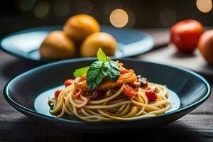 un plato de espaguetis con Tomates y albahaca hojas. generado por ai foto
