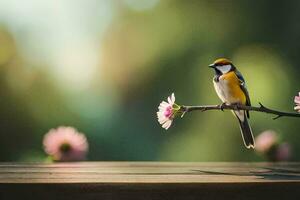 un pájaro se sienta en un rama con rosado flores generado por ai foto