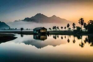 a small house sits on the shore of a river at sunrise. AI-Generated photo