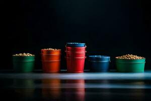 a row of colorful containers with food in them. AI-Generated photo