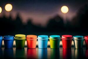 colorful cups lined up on a table with lights in the background. AI-Generated photo