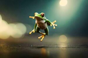 a frog jumping on the ground with a blurry background. AI-Generated photo