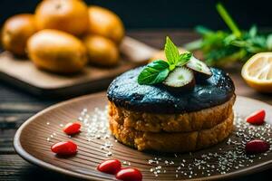 a cake with chocolate and lemon on a plate. AI-Generated photo