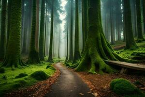 a path through a green forest with trees and a bench. AI-Generated photo