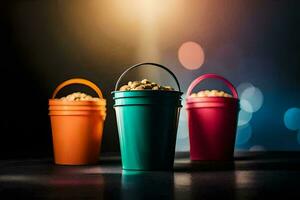 three colorful buckets with popcorn on a dark background. AI-Generated photo