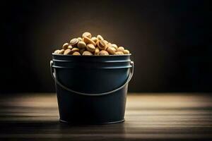 peanuts in a bucket on a dark background. AI-Generated photo