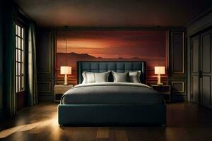 a bedroom with a large bed and a wall mural. AI-Generated photo