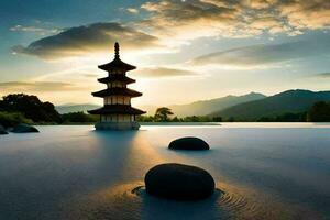 the pagoda in the middle of the lake. AI-Generated photo
