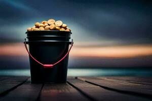a bucket filled with peanuts on a wooden table. AI-Generated photo