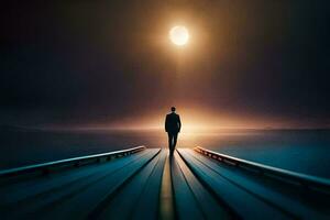 a man standing on a pier looking at the moon. AI-Generated photo
