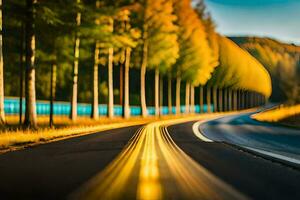 a long exposure photograph of a road with trees in the background. AI-Generated photo