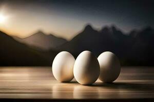 three eggs on a table with mountains in the background. AI-Generated photo