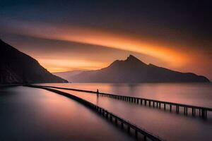 a long exposure photograph of a pier in the middle of a lake. AI-Generated photo