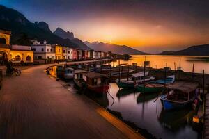 boats are docked at the end of a pier at sunset. AI-Generated photo