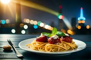 spaghetti with tomato and basil on a plate. AI-Generated photo