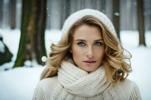 un hermosa mujer en un invierno bosque. generado por ai foto