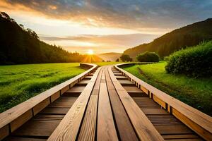 a wooden walkway leads to a sunset in the middle of a field. AI-Generated photo