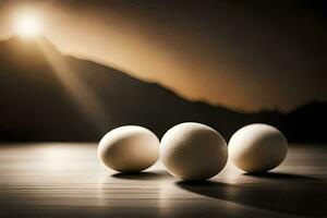 three eggs on a table with a mountain in the background. AI-Generated photo