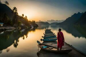 a woman in a red robe stands on a dock at sunset. AI-Generated photo